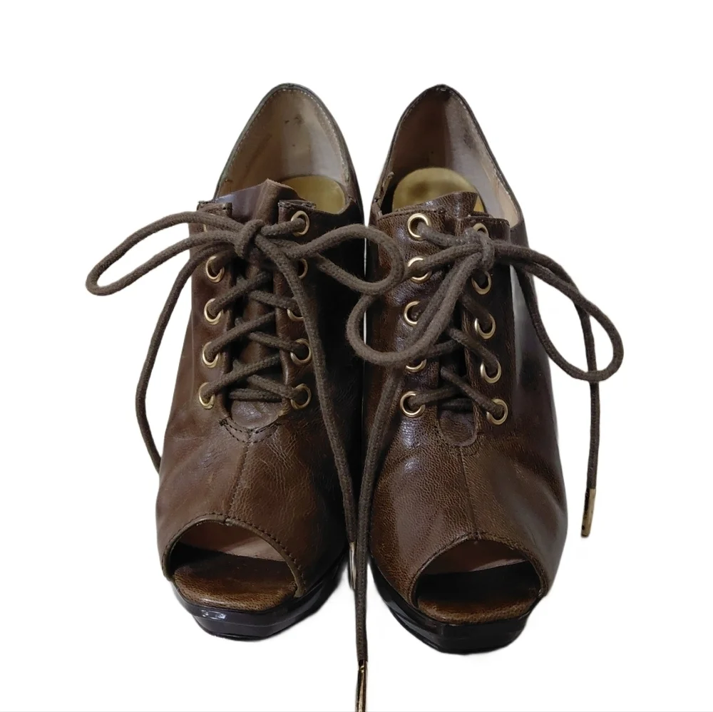 Michael Kors Tatum Brown Lace Up Oxford Peep Toe Platform Heels Size 4 M
